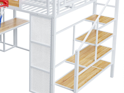 Loft Bed With Built In Desk, Open Wardrobe, Basketball Hoop, Slide And Staircase