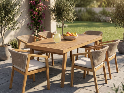 7 Piece Outdoor Dining Set With Rectangular Table And 6 Arm Chairs - Beige / Brown / Brown Mix / Light Teak