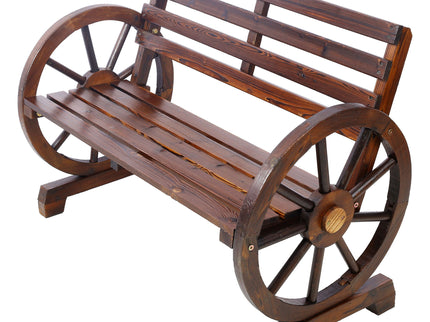 Rustic Country 2 Person Wooden Wagon Wheel Bench With Slatted Seat And Backrest - Brown