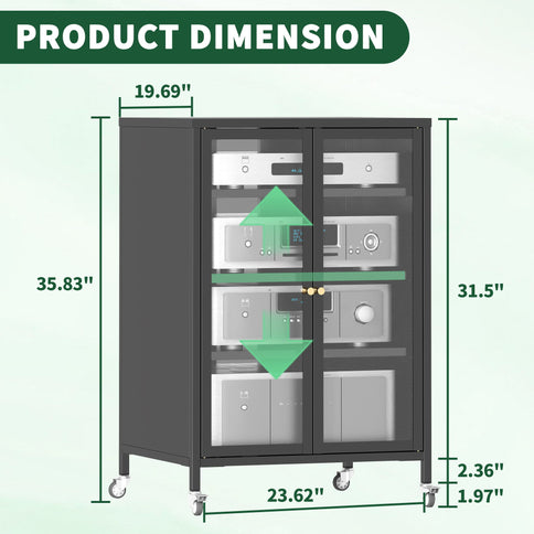 Media Storage Cabinet With Wheels, 4 Adjustable Glass Shelves & Door, Heavy-Duty - Black