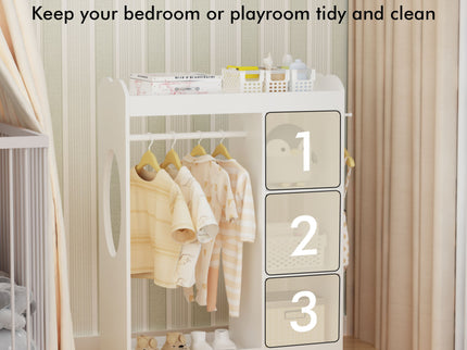 Dress Up Storage With Mirror And Hooks, Clothes Rack With Hanging Rod, 3 Side Hooks, Open Shelves, Top Shelf Organizer - White