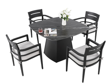 Outdoor Patio Dining Set, Squircle Dining Table, Dining Chairs With Sunbrella Cushions