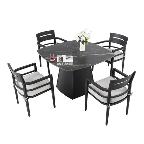 Outdoor Patio Dining Set, Squircle Dining Table, Dining Chairs With Sunbrella Cushions