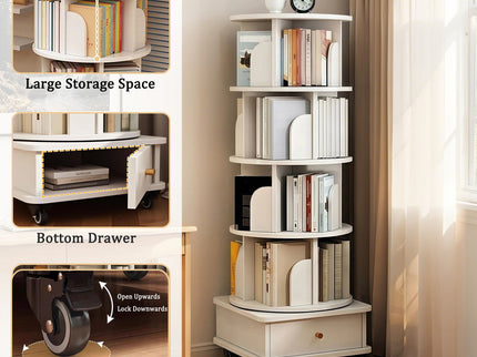 Rotating Bookshelf With Wheels And Drawer, 360° Spinning Design, Space Saving Storage