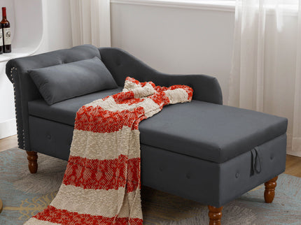 Chaise Lounge Indoor, Lounge Chair For Bedroom With Storage & Pillow, Modern Upholstered Rolled Arm Chase Lounge For Sleeping With Nailhead Trim For Living Room Bedroom Office