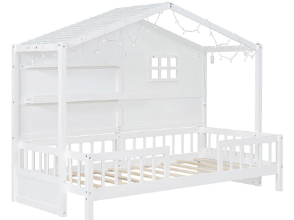 House Bed With Shelves, Window And Sparkling Light Strip On The Roof