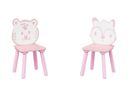 Table And Chair Set, 3 Piece Wooden Toddler Desk With Animal Backrest - Pink / White