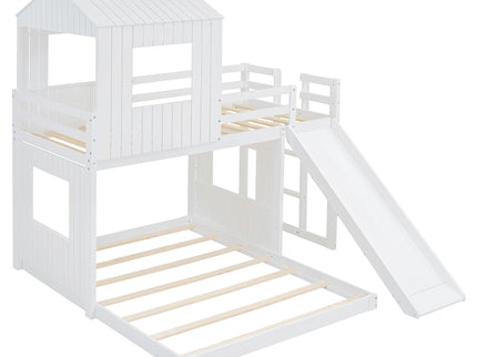 Loft Bunk Bed With Playhouse, Farmhouse, Ladder, Slide And Guardrails