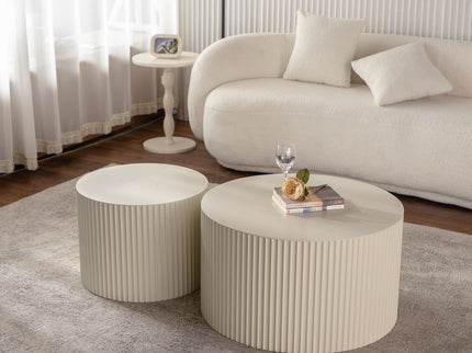 Drum Nesting Coffee Table With Wave Stripe Design For Living Room (Set of 2) - Beige / White