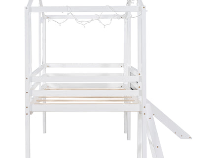 Loft House Bed With Ladder And Slide, With board And Light Strip On The Roof