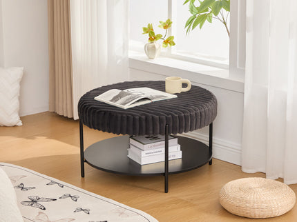 Modern Upholstered Round Ottoman Coffee Table With Storage Shelf