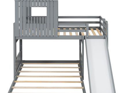 Loft Bunk Bed With Playhouse, Farmhouse, Ladder, Slide And Guardrails