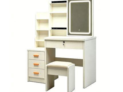 Vanity Set With LED Mirror, Storage Dressing Table & Cushioned Stool - Cream White