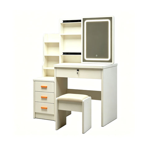 Vanity Set With LED Mirror, Storage Dressing Table & Cushioned Stool - Cream White