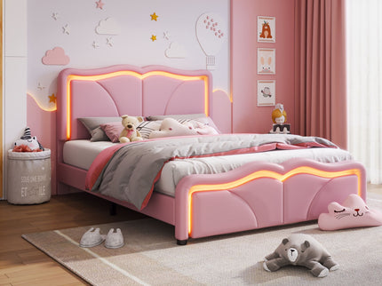 Upholstered Platform Bed & Curve Shaped And Height Adjustable Headboard, LED Light Strips
