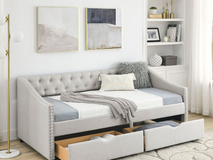 Upholstered Tufted Daybed With 2 Drawers, Waved Arms
