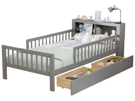 Bed With Headboard Storage Rack, 2 Under Bed Drawers, 3 Side Guardrails For Safety