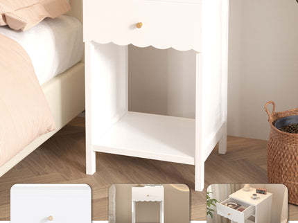 Nightstand With Drawer And Open Shelf, Scalloped Edge Bedside Table