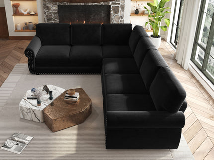 L-Shaped Sofa Couch With Pull Out Bed With Nailhead Trim & Rolled Arm