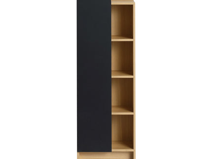 Tall Freestanding Bathroom Side Cabinet With Single Door & 4 Tier Open Shelves - Black / Light Oak / White