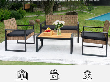 4 Piece Patio Furniture Set With Acacia Wood Table Top And Cushions