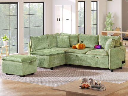 Convertible Sofa Bed Sectional Sofa Sleeper L-Shaped Sofa With A Storage Ottoman, Two Pillows, Two Power Sockets And Two USB Ports For Living Room