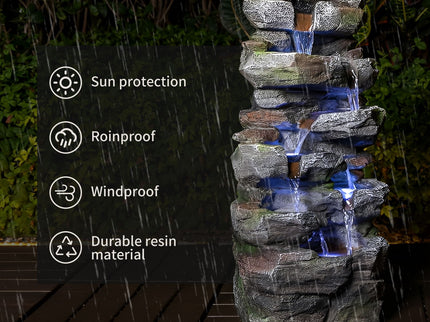 Rock Waterfall Outdoor Fountain With LED Lights - Gray