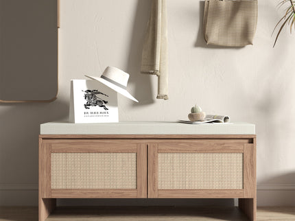Storage Bench With Cushion, Shoe Cabinet With 2 Doors - Antique Natural / Rattan