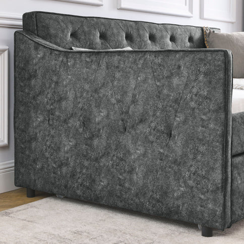 Twin Upholstered Daybed With Trundle, Waved Arms - Gray