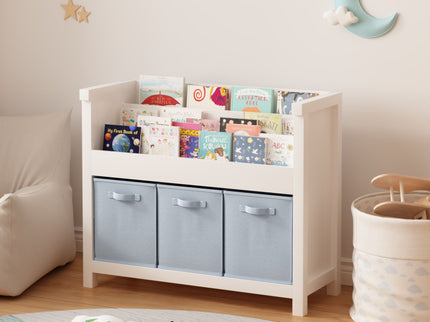 Bookshelf With 3 Tier Front Facing Storage And 3 Bins, Toddler Bookcase For Playroom - White