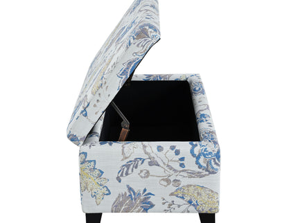 Luxury Storage Ottoman With Floral Patterned Fabric, Soft Close Hinges, Functional Footrest & Seat - Blue Flower / Blue Multi