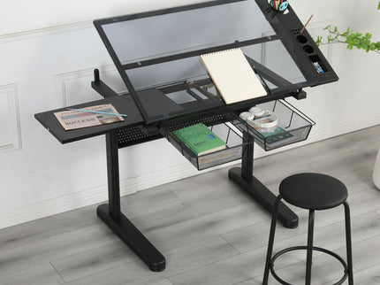 Hand Crank Adjustable Drafting Table Drawing Desk With 2 Metal Drawers With Stool