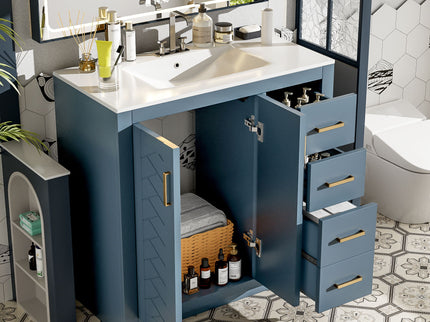 Bathroom Vanity With Sink, Storage Cabinet, Freestanding Set With 3 Drawers & Soft Closing Doors - Indigo