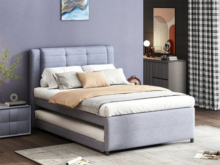 Upholstery Platform Bed With Trundle, Trundle Can Be Flat Or Erected