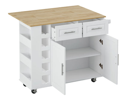 Kitchen Island Cart With 2 Door Cabinet, 2 Drawers, Spice Rack, Towel Holder, Wine Rack, And Foldable Top - White
