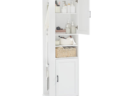 Tall Freestanding Bathroom Storage Cabinet With Adjustable Shelves And Side Hooks Board, Rectangle Design
