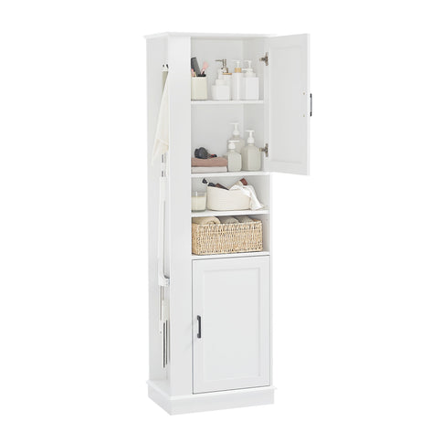 Tall Freestanding Bathroom Storage Cabinet With Adjustable Shelves And Side Hooks Board, Rectangle Design