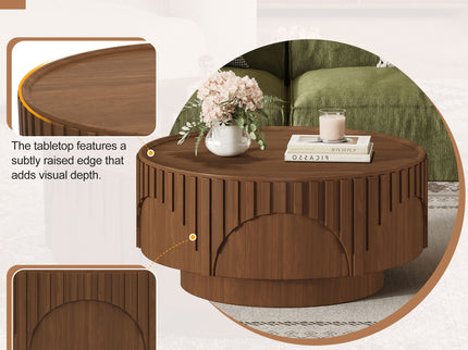 Round Fluted Drum Coffee Table With Sturdy Base For Living Room