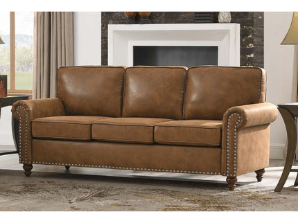 Sofa With Rolled Arms And Studs Trim - Brown