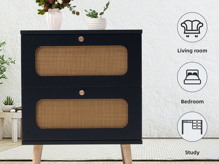 2 Drawer Rattan Nightstand For Bedroom And Living Room, End Table, Side Table With 2 Hand Made Rattan Decorated Drawers - Black