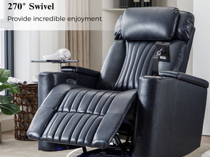 270° Power Swivel Recliner Home Theater Chair With Hidden Arm Storage, LED Light, Cup Holder, And Tray Table