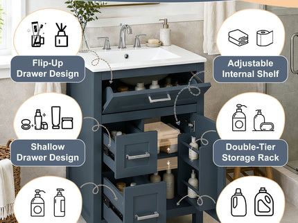 Modern Bathroom Vanity With Sink, Flip Drawer & 2 Drawers, Soft Close Hinges, Adjustable Shelf