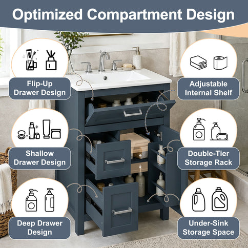 Modern Bathroom Vanity With Sink, Flip Drawer & 2 Drawers, Soft Close Hinges, Adjustable Shelf