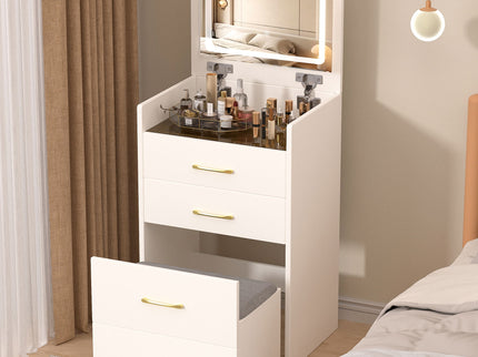Compact 3 In 1 Vanity Desk With Open Top Mirror, Glass Desktop, 5 Height - White