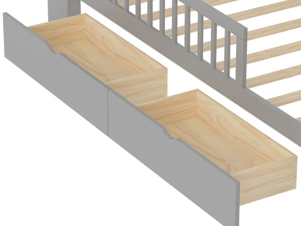 Bed With Headboard Storage Rack, 2 Under Bed Drawers, 3 Side Guardrails For Safety