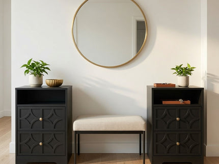 Nightstand With Diamond Carvings Handles, 2 Drawers & Charging Station