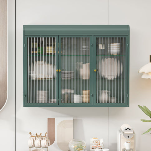 Arched Wall Mounted Cabinet, 3 Door Storage For Kitchen - Dark Green