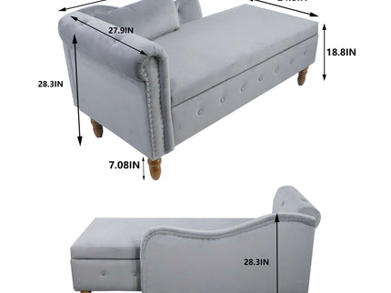 Chaise Lounge Indoor, Lounge Chair For Bedroom With Storage & Pillow, Modern Upholstered Rolled Arm Chase Lounge For Sleeping With Nailhead Trim For Living Room Bedroom Office