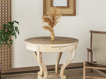 Curved Legs Farmhouse Style Small Size Round Dining Table End Table Side Table Coffee Table For Dinette, Kitchen, Dining Room Or Living Room - Natural Wood Grain Distressed