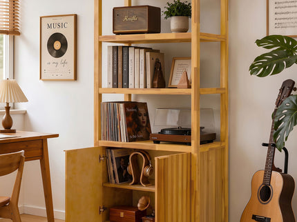 Tall Storage Bookcase Cabinet With 2 Open Shelves & Double Doors, Freestanding Shelving Unit - Natural